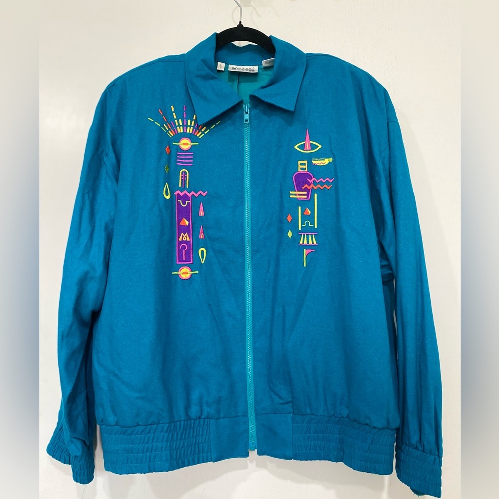 Blue and Green Bomber Jacket with Whimsical Designs
